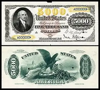 $5,000 Legal Tender note proof, Series 1878, Fr.188, depicting James Madison.