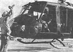 "Seawolf" helicopter gunship makes a quick refueling and rearming stop atop Hunterdon County during May 1970 U.S. Navy incursion into Cambodia