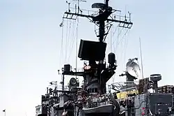 Ramsey's SPS-52, black panel at center and AN/SPG-51, dish at right.