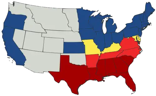 1861 Map of U.S. states and territories showing two phases of secession.
