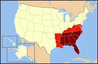 A map of the United States with the Southeastern United States (in dark red) and states less frequently but sometimes considered part of the region (in light red)