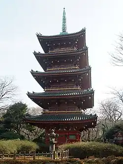 Image 12The five-story pagoda of Kan'ei-ji, which was constructed during the reign of Tokugawa Hidetada and required the building of the Kimon (Devil's Gate) (from History of Tokyo)