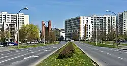Multifamily housing at Indiry Gandhi Street, in Ursynów-Centrum, in 2019.