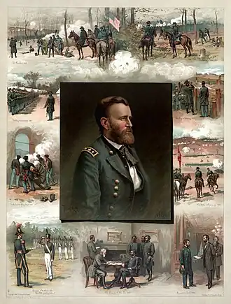 Grant from West Point to Appomattox, an 1885 lithograph by Thulstrup. Clockwise from lower left: Graduation from United States Military Academy at West Point (1843); In the tower at Chapultepec (1847); Drilling his Volunteers (1861); the Battle of Fort Donelson (1862); The Battle of Shiloh (1862); the Siege of Vicksburg (1863); the Chattanooga Campaign (1863); Appointment as Commander-in-Chief by Abraham Lincoln (1864); the Surrender of General Robert E. Lee at Appomattox Court House (1865)