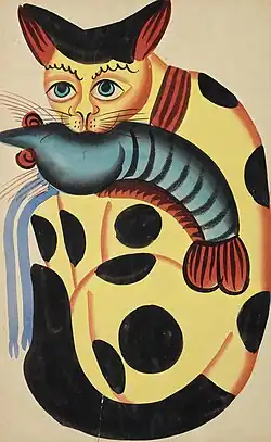 Cat stealing prawn, Kalighat Painting.