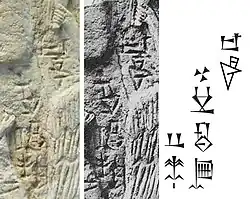 Inscription in front of Ur-Nanshe: "The ships of Dilmun, from the foreign lands, brought him wood as a tribute" (𒈣𒆳𒋫𒄘𒄑𒈬-𒅅, ma2 dilmun kur-ta gu2 giš mu-gal2).[13][6][1]