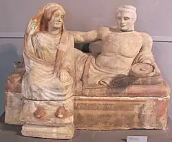 A funerary urn with sculpture of a couple, from Bottarone, alabaster, early 4th century BC