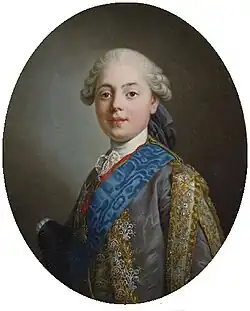 Charles X (1757–1836), the future King of France, as Count of Artois in 1771, wears a curly powdered wig tied in a queue.