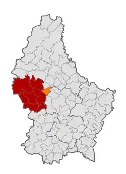 Map of Luxembourg with Vichten highlighted in orange, and the canton in dark red