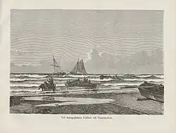 A horse drawn carriage rides to shore amid the waves and several beached ships.