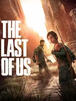 Artwork of Ellie, a teenage girl with brown hair. She has a backpack with a bolt-action rifle strapped to her side and is standing behind Joel, a man in his 40s who has brown hair and beard and a revolver in his left hand. They are standing in a flooded, overgrown city street, turning to face the camera. The text "THE LAST OF US" is positioned to the left.