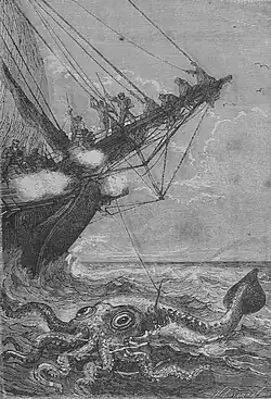 #18 (30/11/1861), Engraving by Henri Théophile Hildibrand from Twenty Thousand Leagues Under the Seas (1871), whose depiction of the giant squid was undoubtedly inspired by the Alecton encounter. Bernard Heuvelmans's The Kraken and the Colossal Octopus incorrectly described this illustration as "he Alecton squid after Arthur Mangin, 1864".