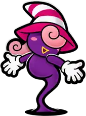 A stylized illustration of Vivian, a purple, ghost-like character with pink hair and a striped hat