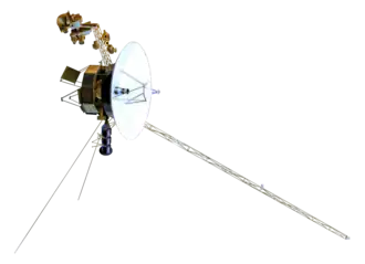 Artist's rendering of the Voyager spacecraft, a small-bodied spacecraft with a large, central dish and multiple arms and antennas extending from the dish