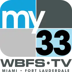 A four-quadrant rounded rectangle, from top left: blue, dark gray, light gray, light blue. In the blue box, the lowercase word "my" in white in a sans serif. In the lower lower right box, a black 33 in a sans serif. Beneath are two lines: WBFS-TV / Miami • Fort Lauderdale