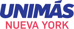 The UniMás network logo, the words UNIMÁS in blue in an italic sans serif with some rounded corners, with the words NUEVA YORK below in another sans serif in red.