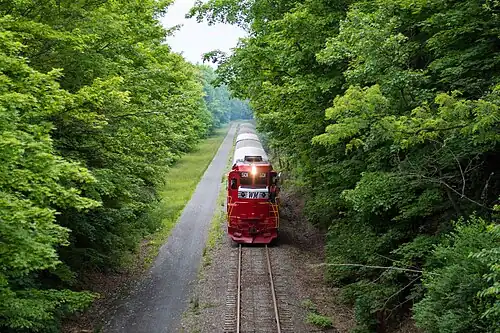 A WMSR excursion traveling below Parkersburg Bridge