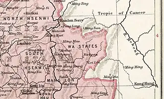 The Wa States in an Imperial Gazetteer of India map. Note the border with China marked with a discontinuous darker pink line —unlike Kengtung State to the south and North Hsenwi to the north.
