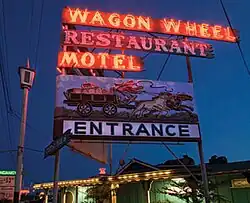The Wagon Wheel neon sign visible from Highway 101