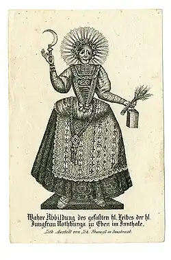 Lithograph of the skeleton relic of Saint Notburga