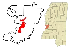 Location of Vicksburg in Warren County, Mississippi