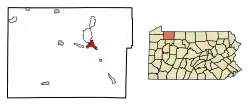 Location of Warren in Warren County, Pennsylvania (left) and of Warren County in Pennsylvania (right)