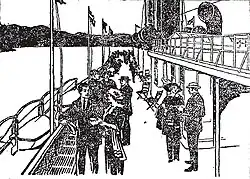 Ink drawing looking down upon the upper deck extending straight ahead into the distance with some couples and some empty chairs on it.