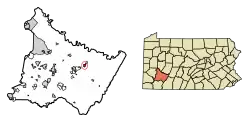 Location of Derry in Westmoreland County, Pennsylvania (left) and of Westmoreland Township in Pennsylvania (right)