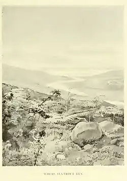 Grey drawing of river and sea