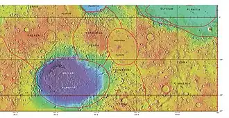 MOLA map showing boundaries of Hellas Planitia and other regions
