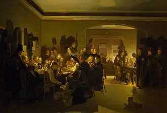Artist in the Evening at Finck's Coffee House in Munich, 1832 (Thorvaldsens Museum). Bendz is seen second from the right