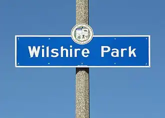 Wilshire Park neighborhood sign at the intersection of Crenshaw Boulevard and Olympic Boulevard