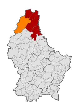 Map of Luxembourg with Wincrange highlighted in orange, and the canton in dark red