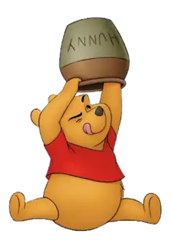 A yellow cartoon teddy bear with a red shirt, holding up an empty honey pot with his tongue sticking out.