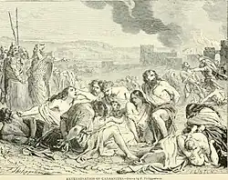 An illustration depicting several Canaanites half-naked distressed and under watch by Israelite soldiers.