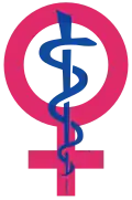 Logo depicting women's health, symbol for female in red, with a blue staff entwined with a snake
