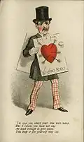 A "Vinegar Valentine" card from the 1870s, with a red heart symbol pierced by six arrows