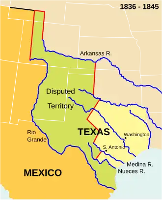Image 25The Republic of Texas. The present-day outlines of the U.S. states (white lines) are superimposed on the boundaries of 1836–1845. (from History of Texas)
