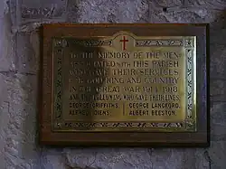 War Memorial plaque in St Peter's Church.