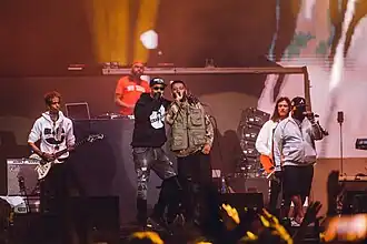 Several members of the Wu-Tang Clan performing on a stage at 2023 Exit music festival