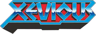 The word "XEVIOUS" in blue metallic letters against a red background.