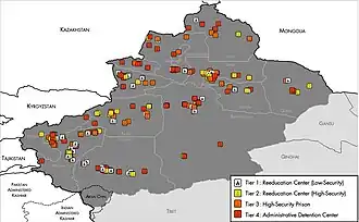 Map of the Xinjiang internment camps in China based on data collected by the US National Geospatial Intelligence Agency and the Australian Strategic Policy Institute