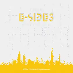 A yellow pixel art on the bottom of the gray background with darker gray pixels, placing YOASOBI / E-SIDE 3 / NOVEL INTO MUSIC on the top