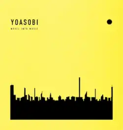A silhouette of a skyline with a yellow background, showing "YOASOBI" / "NOVEL INTO MUSIC" on the left-top corner, and a black circle on the right-top corner