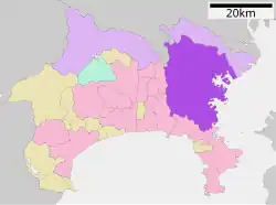 Map of Kanagawa Prefecture with Yokohama highlighted in purple