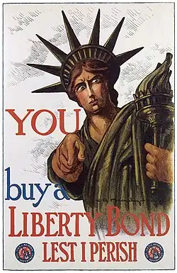 Statue of Liberty pointing at the viewer with the text: You – Buy a Liberty Bond Lest I Perish