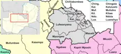 Map of the Copperbelt Province showing its districts (in gray)