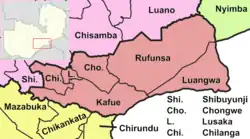 Map of Lusaka Province showing its districts (in brick red)