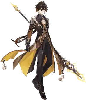 Zhongli, in unusual suit, holding polearm on his left hand