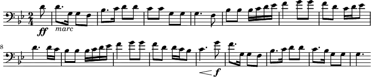 \relative c'{ \clef bass \time 2/4 \set Score.tempoHideNote=##t \tempo 4=126 \set Staff.midiInstrument = #"trombone" \key g\minor \partial 8 d8\ff d8._\markup{\italic "marc"} g,16 g8 f8 bes8. c16 d8 d8 c8 c8 g8 g8 g4. f8 bes8 bes8 bes16 c16 d16 es16 f4 g8 g8 f8 d8 c16 d16 es8 d4. d16 c16 bes8 bes8 bes16 c16 d16 es16 f4 g8 g8 f8 d8 d16 c16 bes8 c4. \< \!g'8\f f8. g,16 g8 f8 bes8. c16 d8 d8 c8. bes16 g8 g8 g4. }